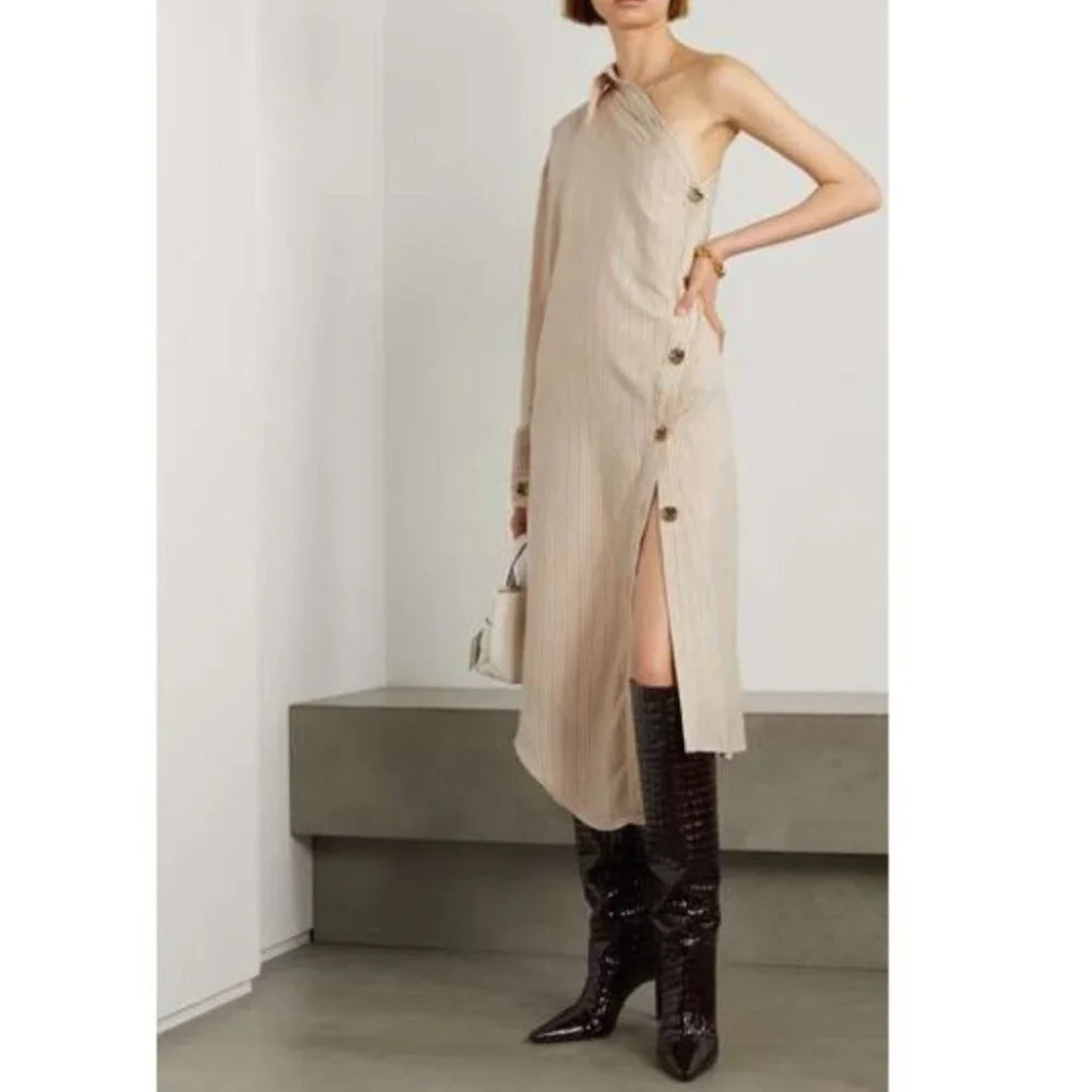 Acne One-Shoulder Beige Button-Trim Midi Dress